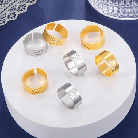 Zodiac Ring Stainless Steel 12 Constellation Open Ring Gold Silver Plated Aries Leo Jewelry Birthday Gift For Women Men
