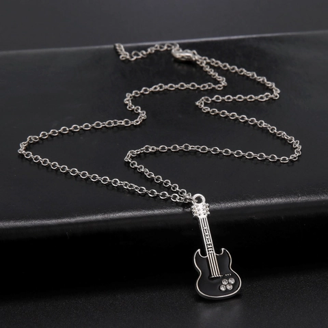 Hip Hop Alloy Electric Guitar Pendant Necklace For Men Women Antique Silver Rhinestone Music Theme Musical Instrument Jewelry