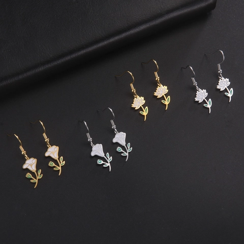 Roestvrij Staal Geboortebloem Druppelolie Emaille Oorbellen Voor Vrouwen Elegant Floral Cosmos Roos Madeliefje Sieraden Cadeau