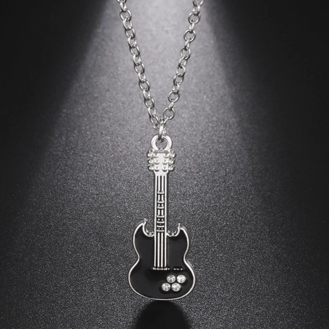 Hip Hop Alloy Electric Guitar Pendant Necklace For Men Women Antique Silver Rhinestone Music Theme Musical Instrument Jewelry