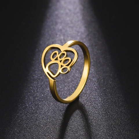 Stainless Steel Hollow Heart Cat Paw Ring Creative Animal Footprint Polished Ring For Women Jewelry Gift Gold Silver Color