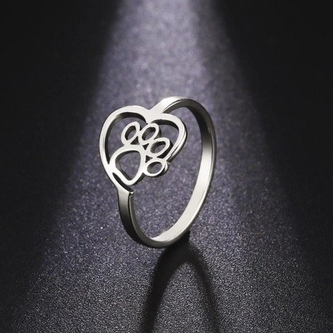 Stainless Steel Hollow Heart Cat Paw Print Ring For Women Men Cute Pet Lover Jewelry Electroplated Gold Silver Color Finger Ring