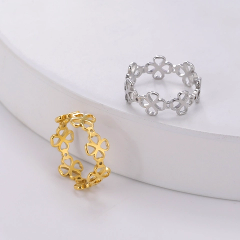 Minimalist Stainless Steel Hollow Four Leaf Clover Ring For Women Korean Ins Style Gold Silver Plated Band Ring Jewelry