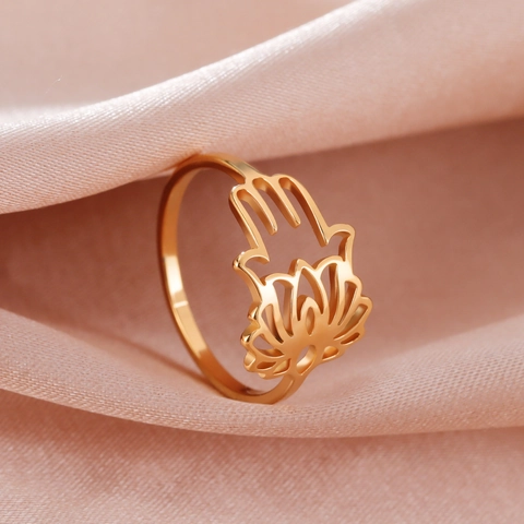 Anillo de Acero Inoxidable Vintage Mano de Fátima Loto Calado para Mujer Minimalista Estilo Étnico Joyería Geométrica