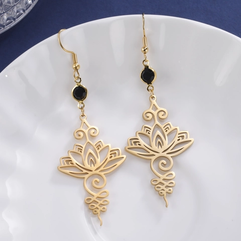 Orecchini Pendenti in Acciaio Inossidabile a Forma di Loto Traforato Con Strass Neri Gioielli Yoga Bohémien Vintage da Donna