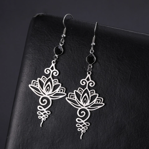 Orecchini a Goccia Lotus Unalome in Acciaio Inossidabile Bohemien per Donna Orecchini a Gancio con Gemma Nera a Fiore Cavo Vintage