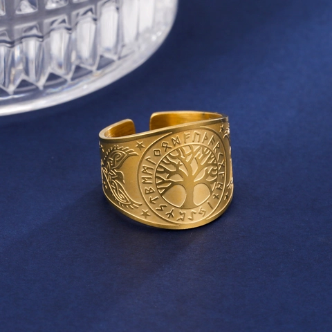 Viking Levensboom Roestvrij Stalen Ring Voor Mannen Vrouwen Punk Retro Runensymbolen Verstelbare Open Ring Noorse Sieraden