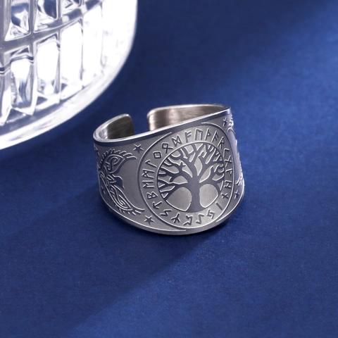Viking Levensboom Roestvrij Stalen Ring Voor Mannen Vrouwen Punk Retro Runensymbolen Verstelbare Open Ring Noorse Sieraden