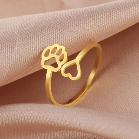 Stainless Steel Open Ring For Women Cute Hollow Dog Paw And Heart Adjustable Animal Print Fashion Jewelry Finger Ring