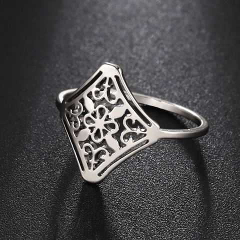 Vintage Edelstahl Hohl Blumen Rautenform Ring Gold Silber Überzogen Geometrischer Ausschnitt Band Schmuck Für Damen Herren