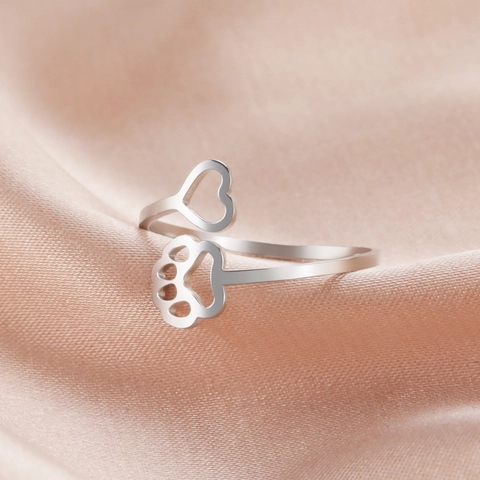 Stainless Steel Open Ring For Women Cute Hollow Dog Paw And Heart Adjustable Animal Print Fashion Jewelry Finger Ring