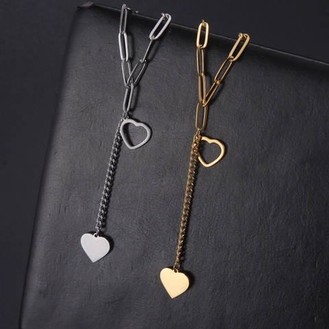 Minimalist Stainless Steel Heart Pendant Necklace 18K Gold Plated Paperclip Chain Double Heart Cutout Solid Necklace Jewelry For Women