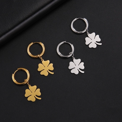 Pendientes de Aro de Acero Inoxidable con Trébol de Cuatro Hojas Diseño de Nicho para Mujer Joyería Minimalista de Suerte