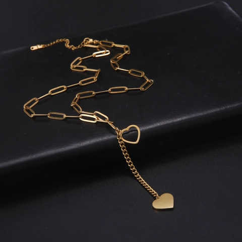 Minimalist Stainless Steel Heart Pendant Necklace 18K Gold Plated Paperclip Chain Double Heart Cutout Solid Necklace Jewelry For Women