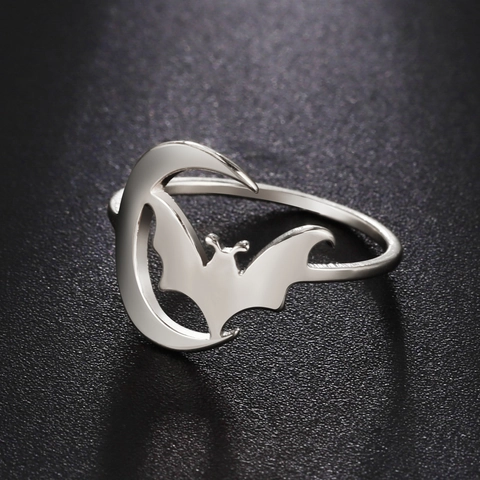 Anello Aperto in Acciaio Inossidabile Gotico Luna Pipistrello Per Donna Uomo Gioielli Halloween Oro Argento Punk Regalo