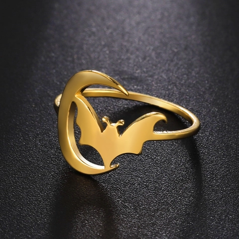 Anello Aperto in Acciaio Inossidabile Gotico Luna Pipistrello Per Donna Uomo Gioielli Halloween Oro Argento Punk Regalo