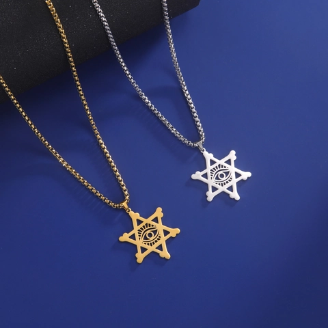 Collier Pendentif Hexagramme et Mauvais Œil en Acier Inoxydable pour Hommes Hip Hop Punk Œil de la Providence Bijoux