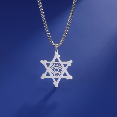 Collier Pendentif Hexagramme et Mauvais Œil en Acier Inoxydable pour Hommes Hip Hop Punk Œil de la Providence Bijoux