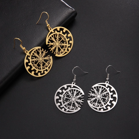 Stainless Steel Viking Compass Moon Dangle Earrings Hollow Round Geometric Vegvisir Drop Earrings For Women Ethnic Jewelry