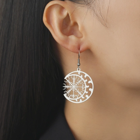 Stainless Steel Viking Compass Moon Dangle Earrings Hollow Round Geometric Vegvisir Drop Earrings For Women Ethnic Jewelry