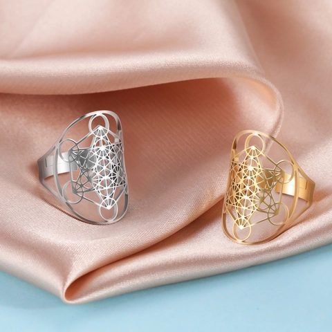 Anello Aperto in Acciaio Inossidabile 304 Cubo di Metatron Geometria Sacra Regolabile Placcato Oro 18K Gioielli Uomo Donna