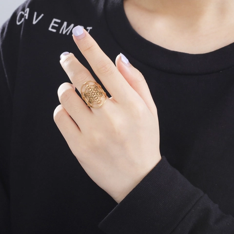 Anello Aperto in Acciaio Inossidabile 304 Cubo di Metatron Geometria Sacra Regolabile Placcato Oro 18K Gioielli Uomo Donna