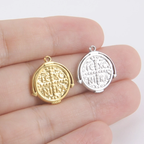 304 Stainless Steel IC XC NIKA Religious Round Coin Pendant For DIY Jewelry Making Gold Silver Small Cross Charm Accessory
