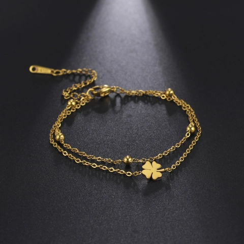 Stainless Steel Clover Double Layer Bracelet For Women Elegant Gold Steel Color Metal Bead Chain Anklet Jewelry Gift Accessory