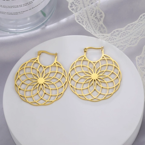 Stainless Steel Mandala Hoop Earrings For Women Bohemian Geometric Hollow Out Floral Round Earrings Ethnic Jewelry Gift