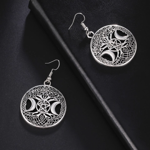 Drievoudige Maan Pentagram Pentakel Keltische Knoop Holle Ronde Oorbellen Voor Dames Retro Hip Hop Wicca Heidense Legering Sieraden