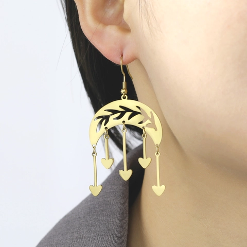 Pendientes de Luna y Corazón con Borla de Acero Inoxidable para Mujer Chapados en Oro de Dieciocho Quilates Joyería