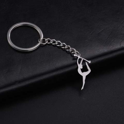 Gymnastics Athlete Silhouette Keychain Titanium Steel Polished Metal Sport Lover Gift Bag Pendant Rhythmic Gymnastics Keychain