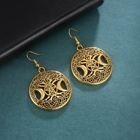 Drievoudige Maan Pentagram Pentakel Keltische Knoop Holle Ronde Oorbellen Voor Dames Retro Hip Hop Wicca Heidense Legering Sieraden