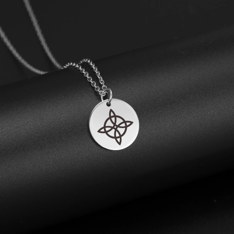 Simple Titanium Steel Witch's Knot Pendant Necklace Laser Engraved Round Celtic Knot Wiccan Protective Jewelry For Women Men