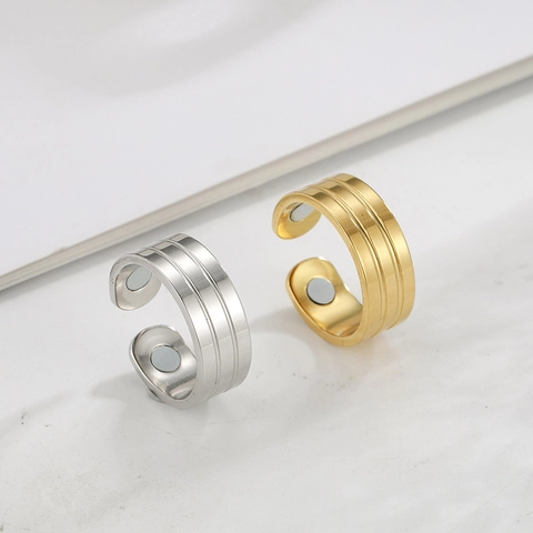 Stainless Steel Magnetic Therapy Ring For Women Men Adjustable 18K Gold Plated Simple Striped Health Care Finger Ring