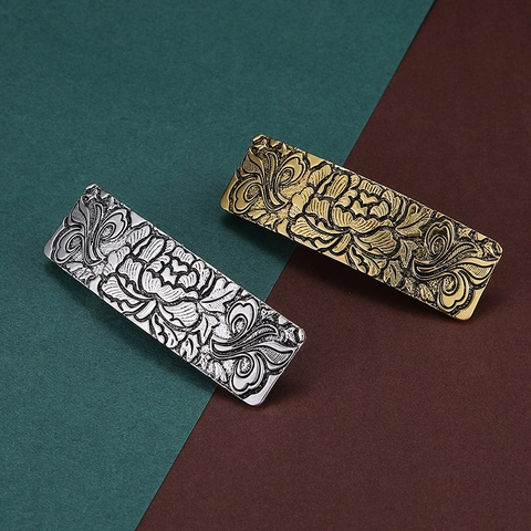 Vintage Legering Reliëf Pioenroos Bloem Veer Haarklem Antiek Goud Zilver Metaal Rechthoek Barrette Voor Vrouwen Haaraccessoires