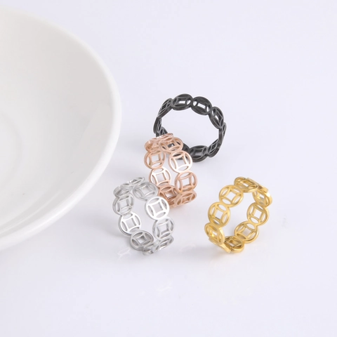 Vintage Stainless Steel Chinese Fortune Coin Ring For Men Women Electroplated Hollow Wealth Good Luck Finger Ring Jewelry