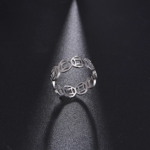 Vintage Stainless Steel Chinese Fortune Coin Ring For Men Women Electroplated Hollow Wealth Good Luck Finger Ring Jewelry