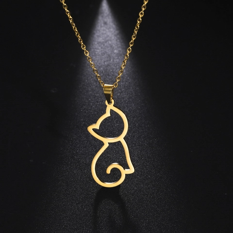 Minimalist Stainless Steel Cat Pendant Necklace For Women Cute Hollow Kitten Silhouette Jewelry Gold Silver Animal Necklace