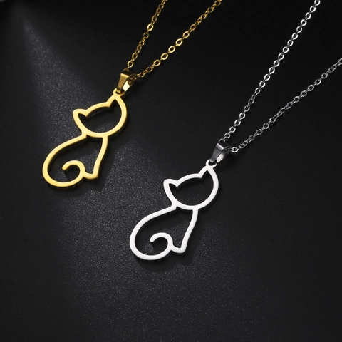 Minimalist Stainless Steel Cat Pendant Necklace For Women Cute Hollow Kitten Silhouette Jewelry Gold Silver Animal Necklace