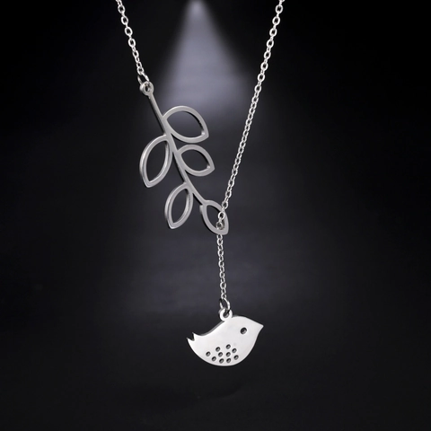 Stainless Steel Leaf And Bird Pendant Necklace For Women Dainty Y-Shaped Lariat Chain Nature Inspired Elegant Jewelry Gift