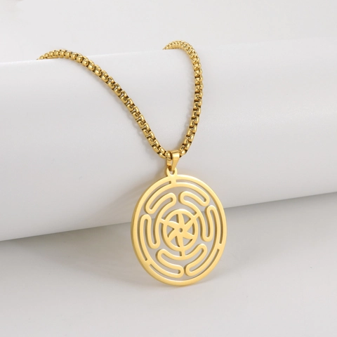 Men's Punk Stainless Steel Hecate's Wheel Labyrinth Pendant Necklace Retro Round Hollow Mystery Mythology Box Chain Jewelry