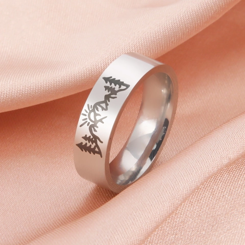 Minimalist Stainless Steel Ring For Men Women Laser Engraved Mountain Forest Sunrise Pattern 6mm Band Outdoor Jewelry Gift