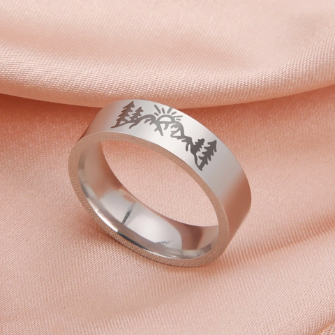 Minimalist Stainless Steel Ring For Men Women Laser Engraved Mountain Forest Sunrise Pattern 6mm Band Outdoor Jewelry Gift