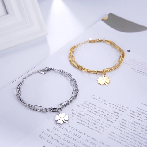 Women Double Layer Titanium Steel Clover Pendant Bracelet Paperclip Curb Chain Adjustable 18K Gold Plated Jewelry Gift