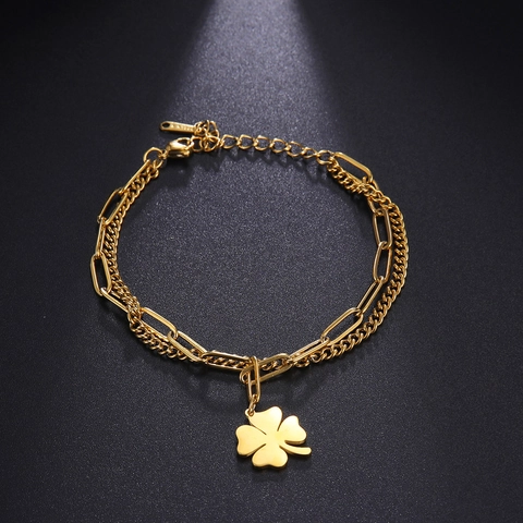 Women Double Layer Titanium Steel Clover Pendant Bracelet Paperclip Curb Chain Adjustable 18K Gold Plated Jewelry Gift
