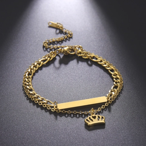 Stainless Steel Double Layer Bracelet For Women Gold Silver Polished Bar Hollow Crown Heart Charm Jewelry Accessory