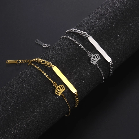 Stainless Steel Double Layer Bracelet For Women Gold Silver Polished Bar Hollow Crown Heart Charm Jewelry Accessory