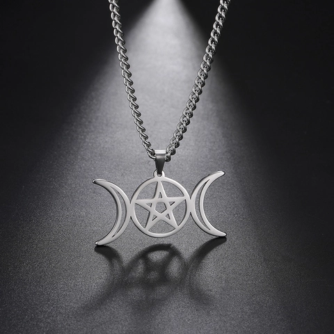 Collier Pendentif Pentagramme Triple Lune en Acier Inoxydable pour Femmes Hommes Bijoux Gothiques Wiccan Occultes Chaîne