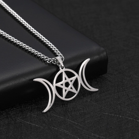 Collier Pendentif Pentagramme Triple Lune en Acier Inoxydable pour Femmes Hommes Bijoux Gothiques Wiccan Occultes Chaîne